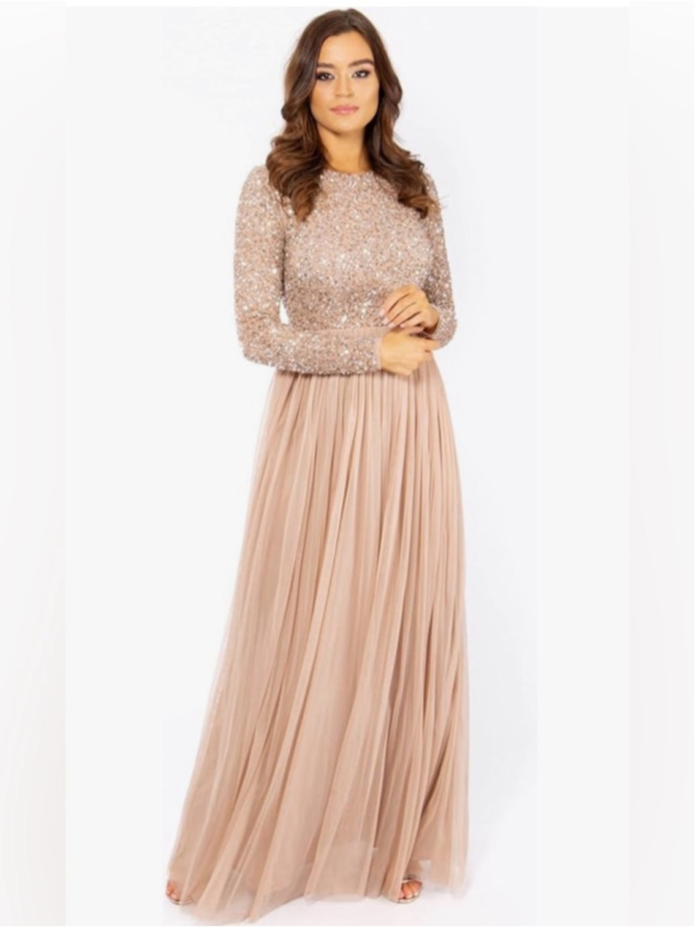 NWT- Long Sleeve Sequin Bodice Tulle Maxi Dress in Blush